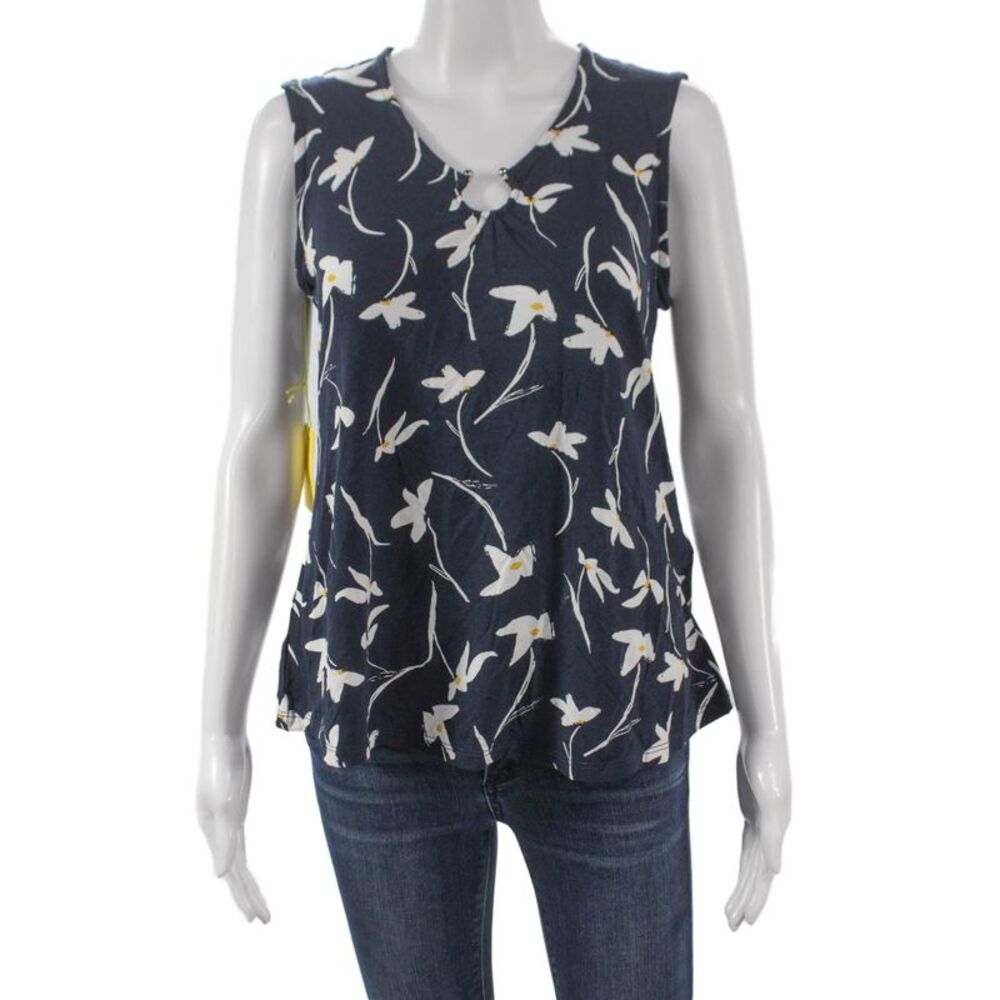 Pure Essence Womens Basic Floral Rayon V-Neck Sleeveless Blouse Blue Size XS